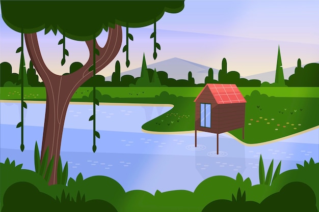 Paisaje natural de diseño plano con agua.