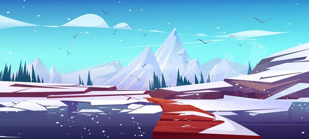 Paisaje natural de invierno con montaña y lago