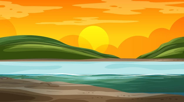 Vector gratuito paisaje de la naturaleza en blanco en la escena del atardecer con montaña