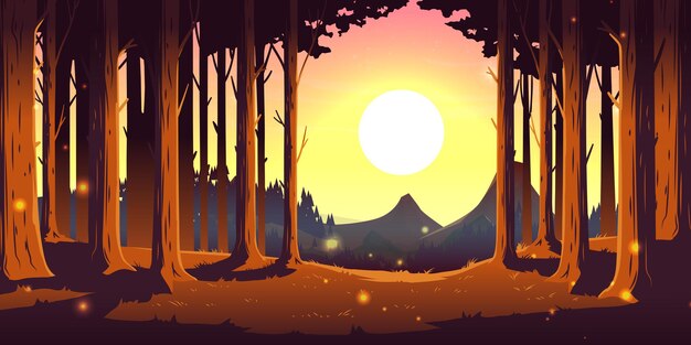 Paisaje de la naturaleza con bosque, montañas y sol.