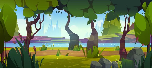 Paisaje de naturaleza de dibujos animados con bosque y río