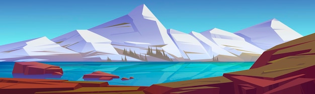 Paisaje de la naturaleza del estanque o lago de las montañas, vista del paisaje. picos de rocas blancas nevadas y superficie de agua clara y tranquila bajo el fondo de paralaje tranquilo de cielo azul, escena 2d natural, ilustración vectorial de dibujos animados