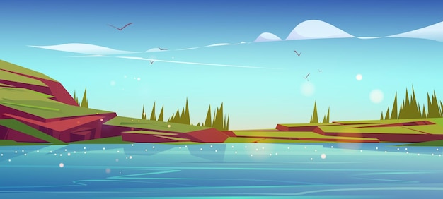 Vector gratuito paisaje de naturaleza de verano con hierba verde lago