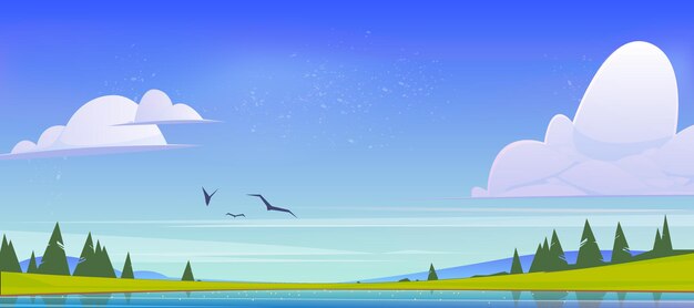 Paisaje de naturaleza de verano, paisaje de valle con lago, montañas, campo verde y árboles de coníferas. Estanque y abetos bajo un cielo azul con nubes esponjosas y pájaros voladores, fondo de vector de paralaje de dibujos animados