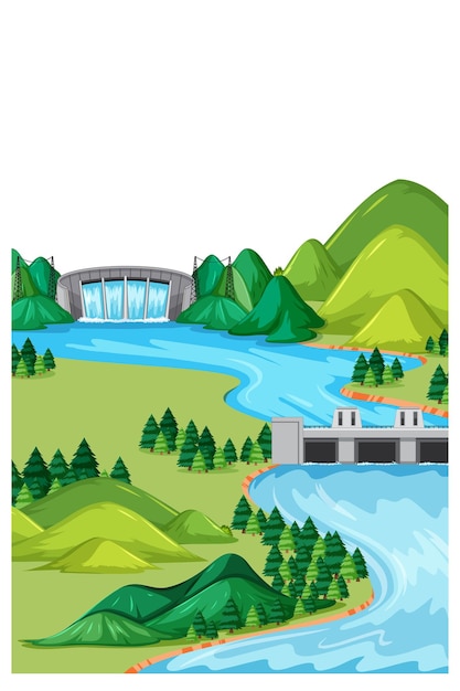 Vector gratuito paisaje de naturaleza vertical en escena diurna con presa