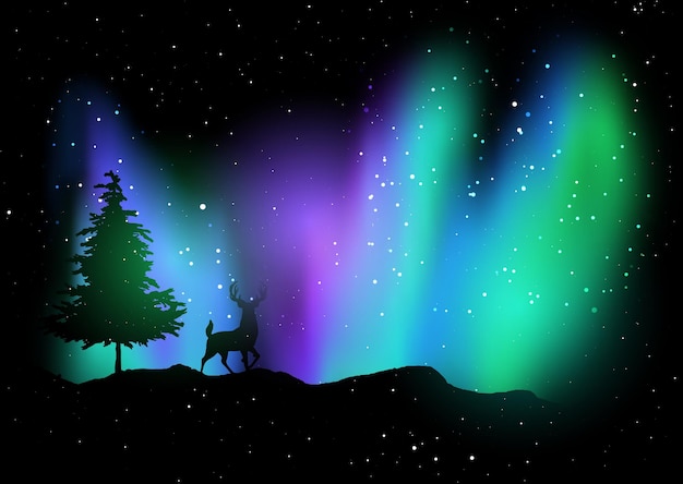 Vector gratuito paisaje navideño con ciervos contra el cielo de la aurora boreal