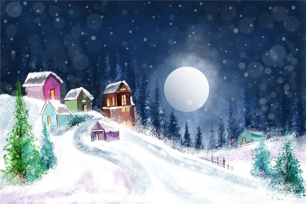 Paisaje navideño de invierno con casas de pueblo cubiertas de nieve y fondo de tarjeta de árbol