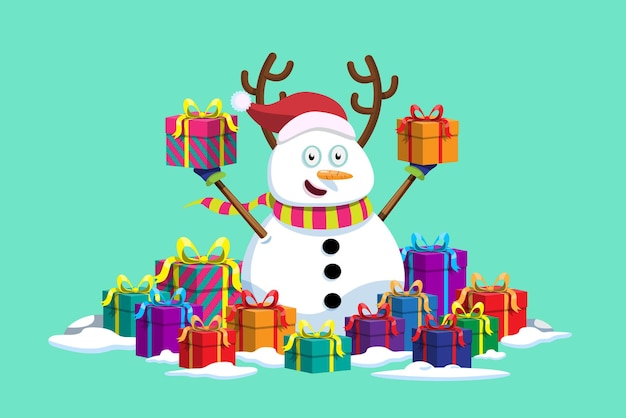 Paisaje navideño con personaje de muñeco de nieve y caja de regalo.
