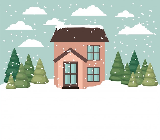 Vector gratuito paisaje nevado con linda casa