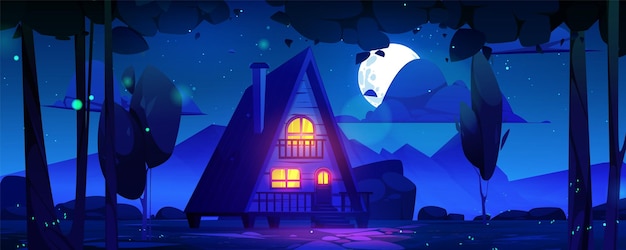 Vector gratuito paisaje de noche de verano de dibujos animados con casa de madera