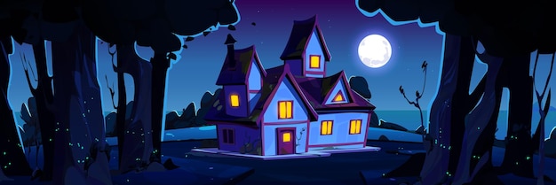 Paisaje nocturno con bosque y casa de pueblo.