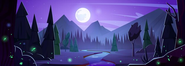 Paisaje nocturno de bosque de montaña con río y pino Luna llena sobre bosques silvestres de hoja perenne panorama de silueta natural Reflejo de luz sobre el agua cerca del hermoso entorno de los Alpes en el momento oscuro