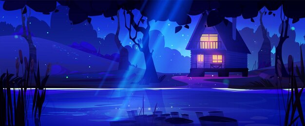 Paisaje nocturno de dibujos animados con cabaña de madera en la orilla de un lago o río en el bosque bajo el rayo de la luz de la luna Paisaje con casa u hotel para acampar y vacaciones con luz en las ventanas cerca del estanque de agua en el bosque