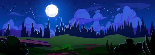 Vector gratuito paisaje nocturno de dibujos animados con prado y bosque