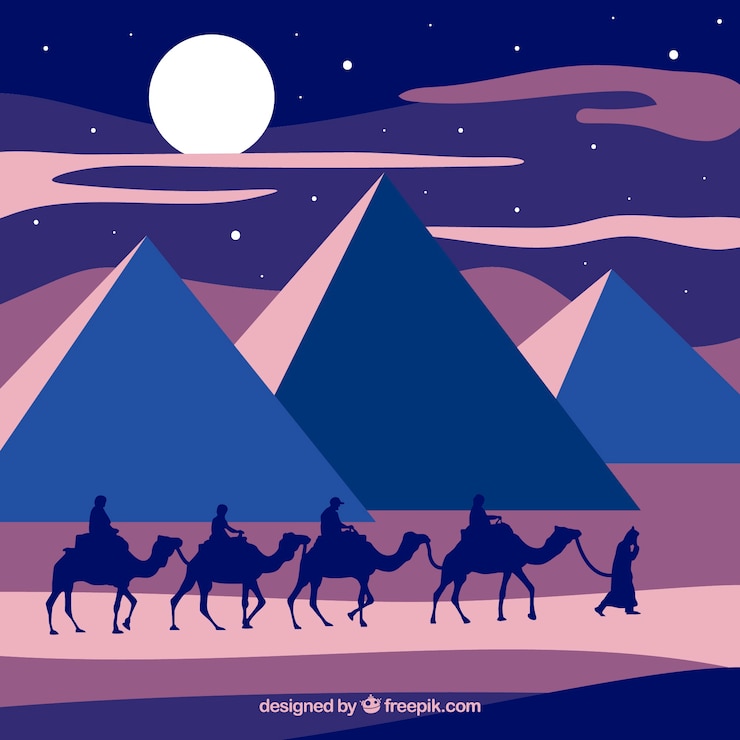 Vector gratuito paisaje nocturno de diseño plano con pirámides egipcias y caravana de camellos