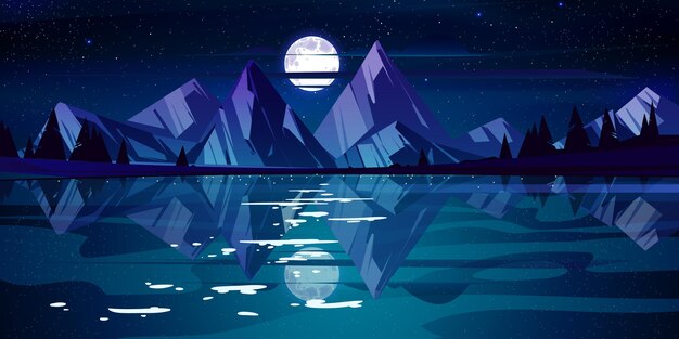 Paisaje nocturno con lago, montañas y árboles en la costa. Ilustración de dibujos animados de vector de escena de la naturaleza con bosque de coníferas en la orilla del río, rocas, luna y estrellas en el cielo oscuro