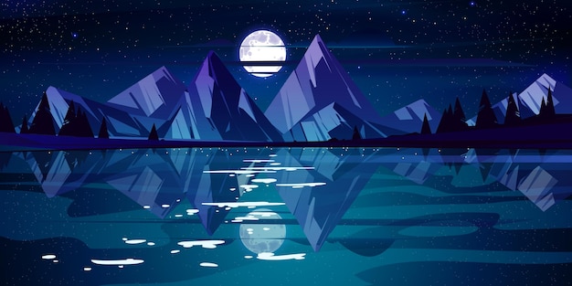 Paisaje nocturno con lago, montañas y árboles en la costa. Ilustración de dibujos animados de vector de escena de la naturaleza con bosque de coníferas en la orilla del río, rocas, luna y estrellas en el cielo oscuro