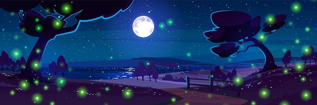 Vector gratuito paisaje nocturno con luna en el cielo y luciérnagas.