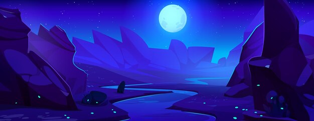 Paisaje nocturno de montañas con río bajo la luna