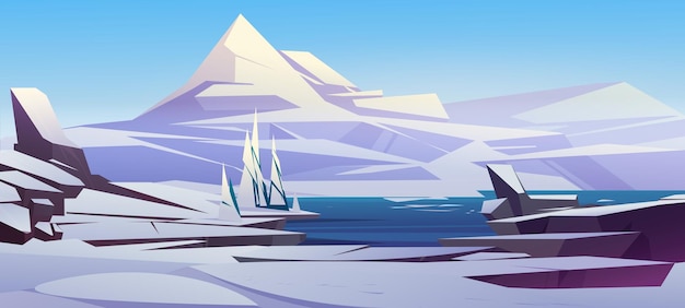 Paisaje nórdico con montañas blancas nieve y orilla del mar Ilustración de dibujos animados vectoriales de la escena de la naturaleza del norte con rocas nevadas abetos río o lago con hielo