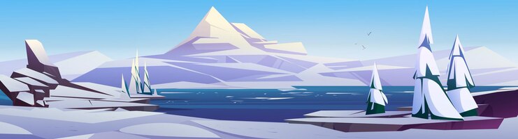 Vector gratis paisaje nórdico con montañas, nieve y mar.