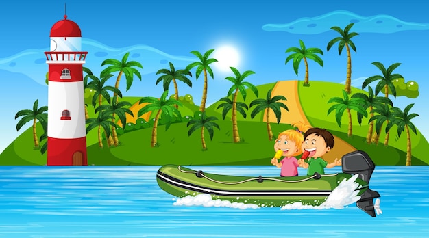 Paisaje oceánico con niños en bote a motor inflable