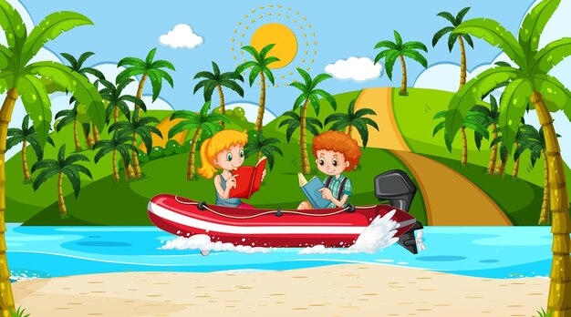 Paisaje oceánico con niños leyendo un libro en un bote inflable