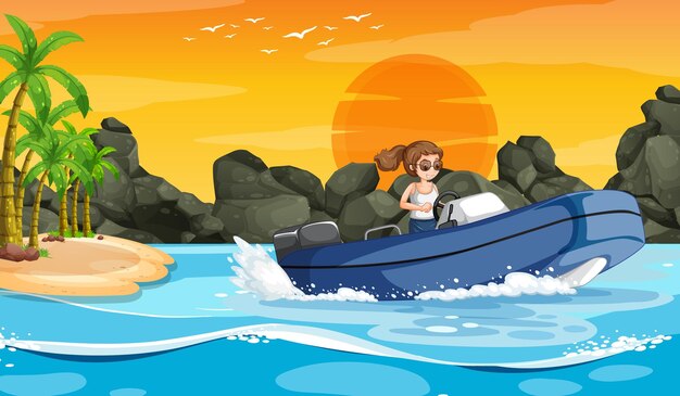 Paisaje de olas oceánicas con una mujer conduciendo un bote