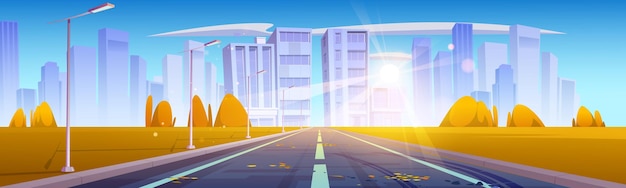 Vector gratuito paisaje otoñal con camino a la ciudad.