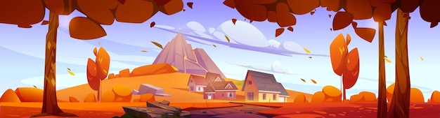 Vector gratuito paisaje otoñal con casas de pueblo de montaña.