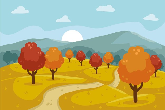 Paisaje otoñal dibujado a mano con árboles