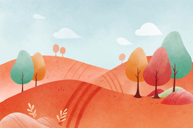 Paisaje de otoño de árboles coloridos acuarela