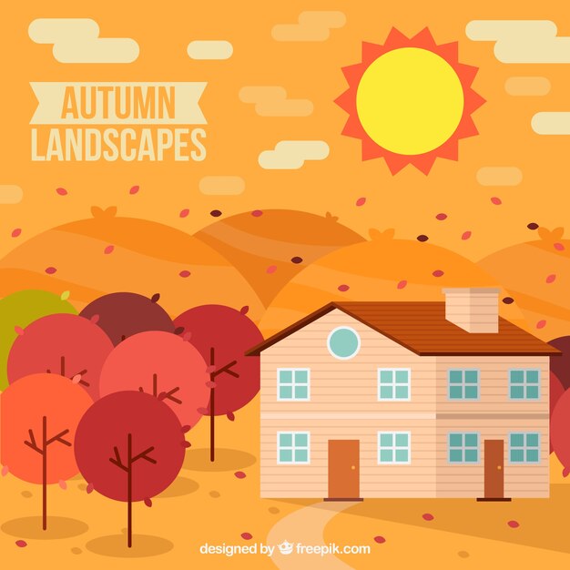 Paisaje de otoño con una casa y árboles