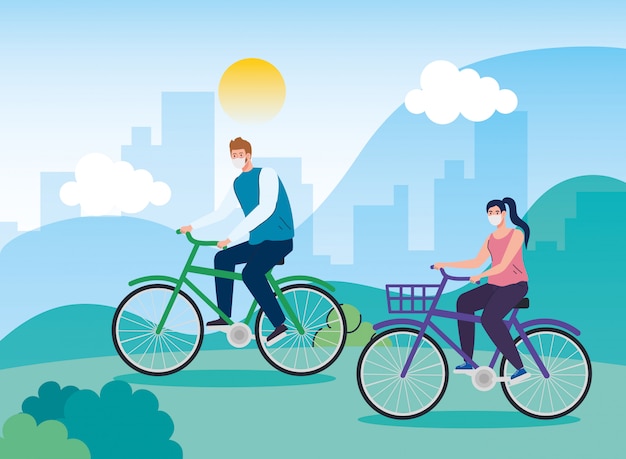 Vector gratuito paisaje con pareja usando mascarilla en bicicleta