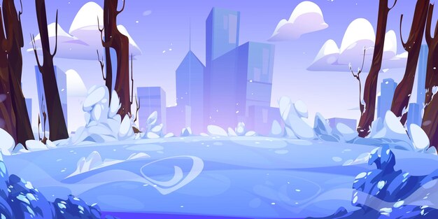 Paisaje del parque de invierno con la ciudad en el horizonte