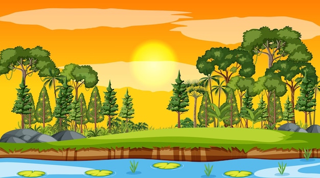 Vector gratuito paisaje de parque natural en blanco en la escena del atardecer