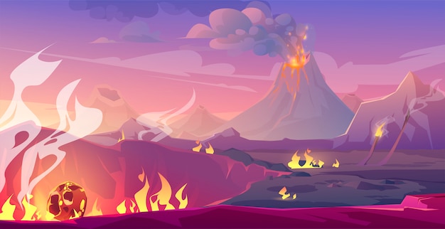 Vector gratuito paisaje del período jurásico con volcán y meteorito