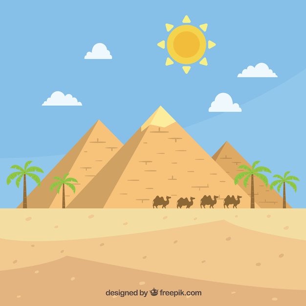 Paisaje de pirámides planas de Egipto con caravana de camellos
