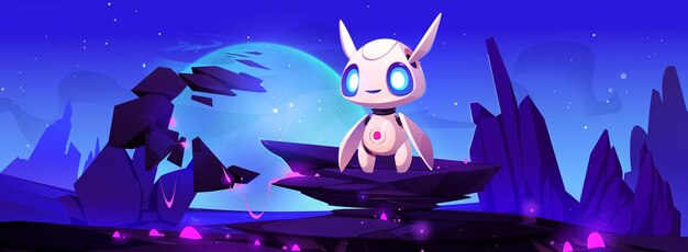Paisaje de un planeta alienígena con un bonito robot astronauta