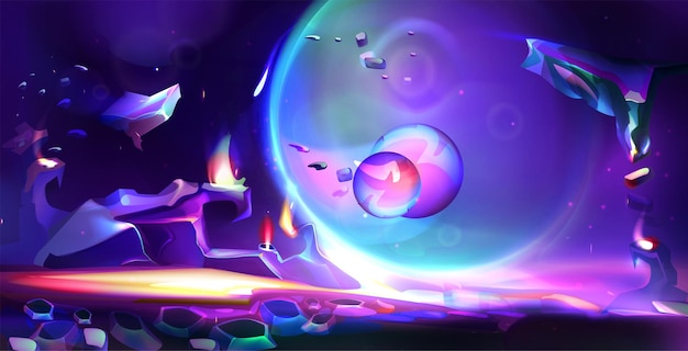 Vector gratuito paisaje de planeta alienígena de dibujos animados con rocas y cielo de galaxia púrpura