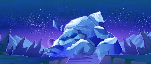 Paisaje de planeta alienígena, fondo cósmico con rocas o montañas bajo el cielo nocturno con estrellas brillantes y esfera brillante en el espacio. Fondo de juego de pc extraterrestre, ilustración vectorial de dibujos animados