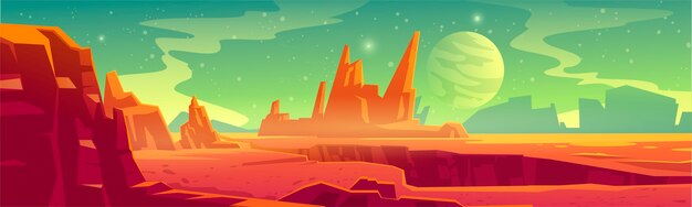 Paisaje de planeta alienígena para el fondo del juego espacial. Ilustración de fantasía de dibujos animados del cosmos y la superficie de Marte con desierto rojo y rocas, satélite y estrellas en el cielo