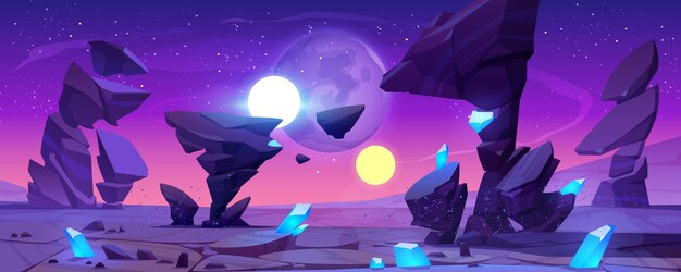 Paisaje de planeta alienígena en la noche para juego espacial