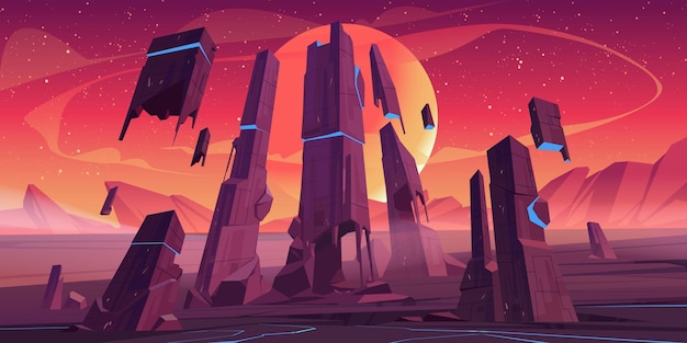 Paisaje de planeta alienígena con rocas y ruinas de edificios futuristas con grietas azules brillantes.