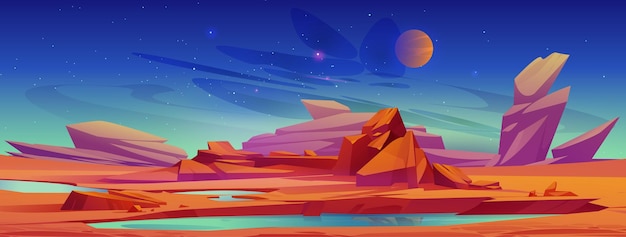 Paisaje de planeta alienígena de superficie de marte con estanque