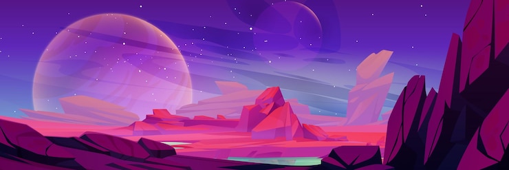Vector gratuito paisaje de planeta alienígena con superficie rocosa y lago.