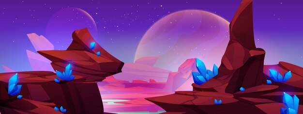 Paisaje de planeta alienígena con superficie rocosa roja