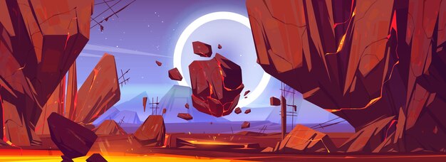 Paisaje del planeta con rocas y lava en grietas.