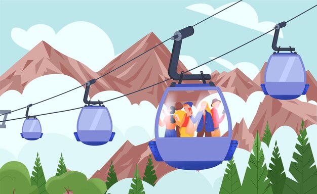 Paisaje plano de colores turistas de teleférico suben a las montañas y observan el campo circundante desde cabinas de vidrio ilustración vectorial de composición