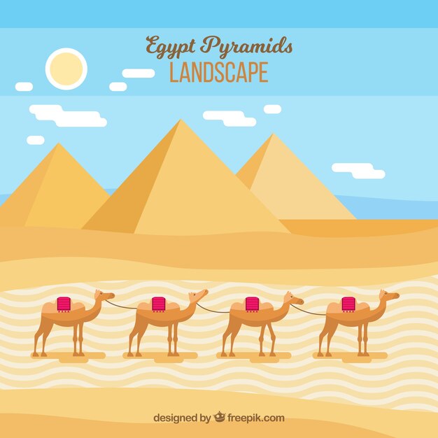 Paisaje plano con piramides de egipto y caravana de camellos